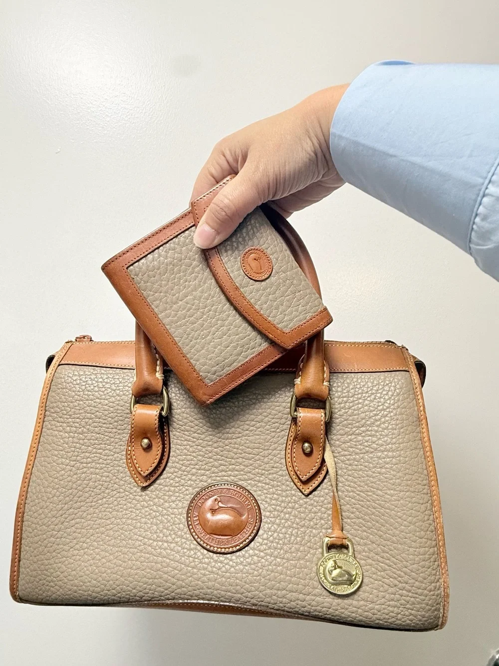 Vintage Dooney & Bourke Taupe Pebbled Leather Satchel with Tan Trim